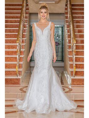 NEW OFF WHITE Lace & Embroidered Wedding Dress Floor Length With Train 0253